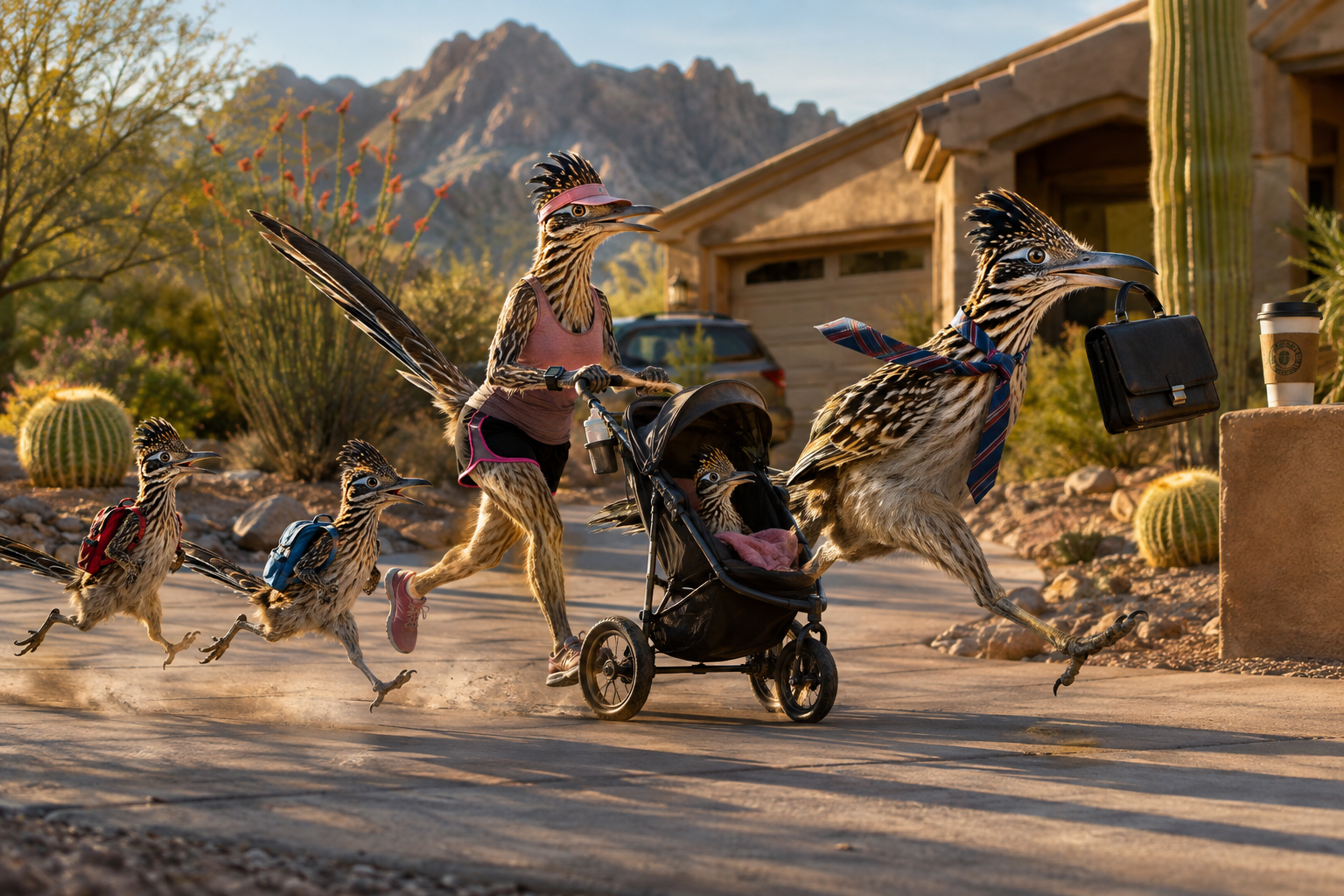 Roadrunner family walking down a desert street with a stroller