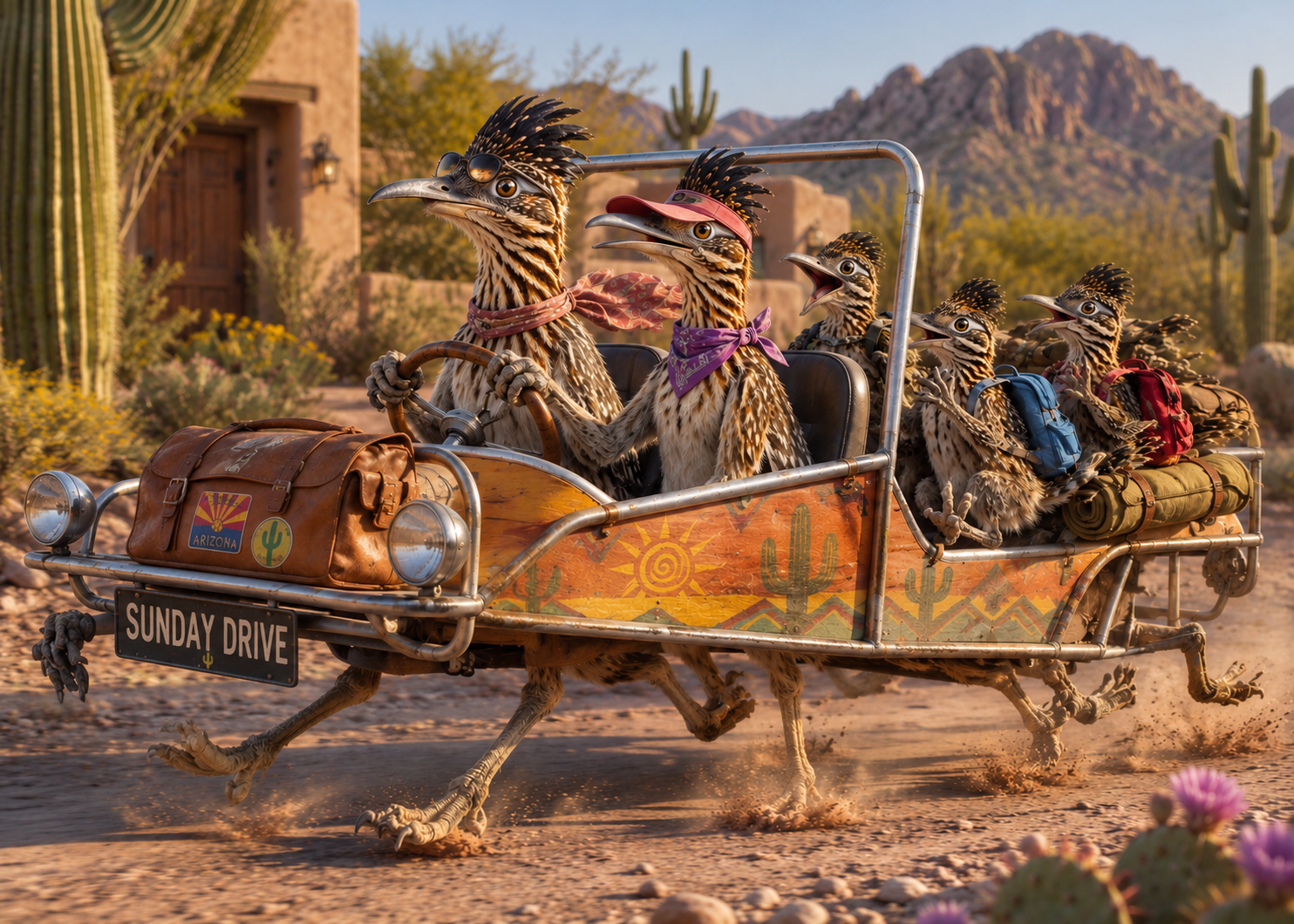 Roadrunner family cruising in their buggy, Sunday Drive, Sonoran Sprinter desert art
